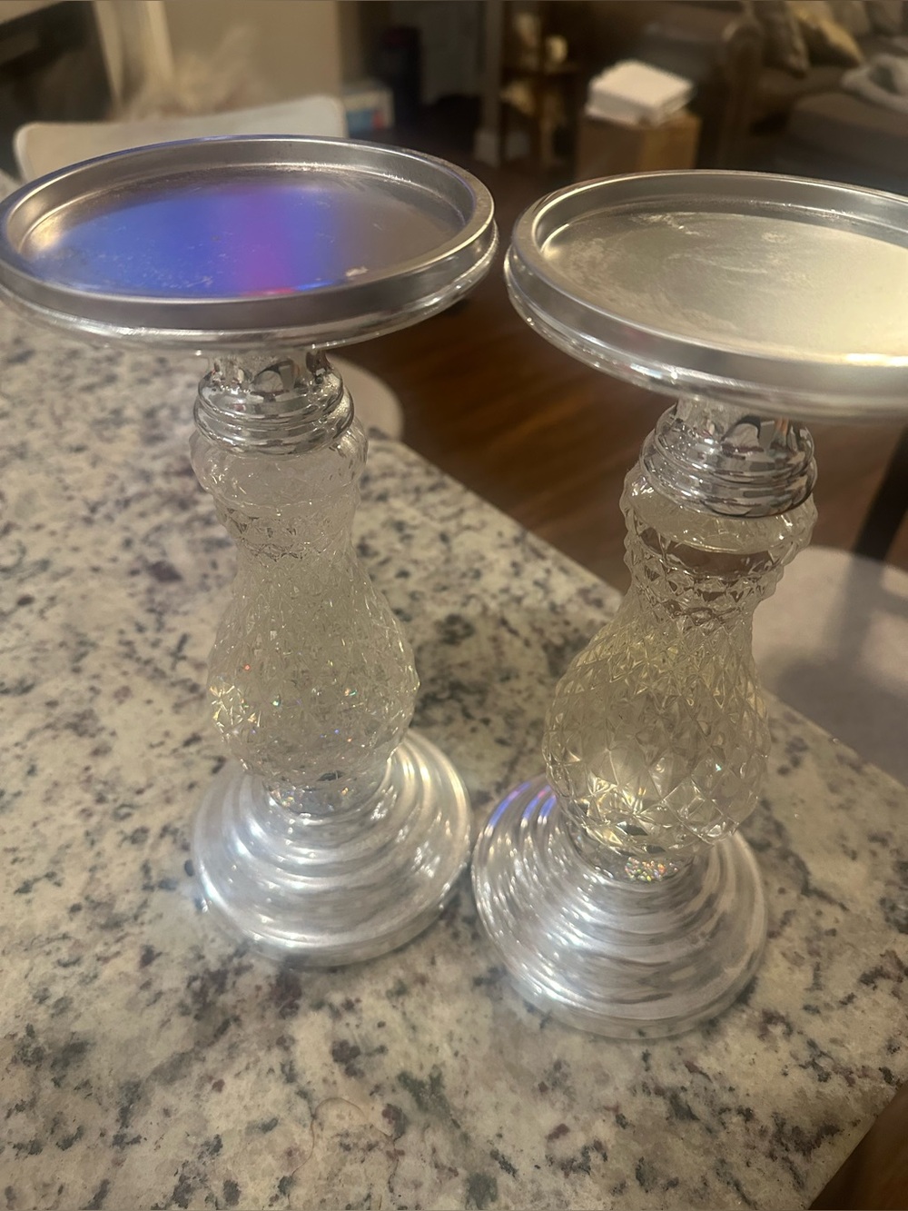 Crystal-Style Glass Candlestick Holders with Silver Tops